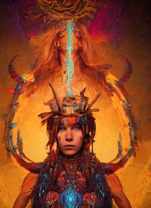 Prompt: An epic fantasy comic book style portrait painting of a wild shaman tripping on Ayahuasca, Shipibo patterns made of lasers, fisheye lens, unreal 5, DAZ, hyperrealistic, octane render, cosplay, RPG portrait, dynamic lighting