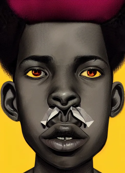 Image similar to portrait of a african teen boy with a crooked nose and a confident expression, 1 9 6 0 s, black clothes, goth, punk, brightly coloured hair, funk, intricate, elegant, highly detailed, digital painting, artstation, concept art, smooth, sharp focus, illustration, art by wlop, mars ravelo and greg rutkowski