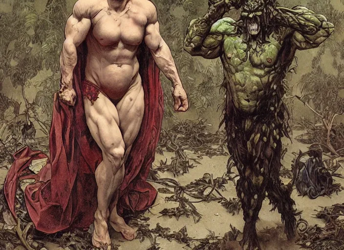 Image similar to renaissance grotesque full body portrait painting of angry bodybuilder swamp thing walking to the camera, camera puller back far, in a wasteland, landfill, elegant artwork by lee bermejo and greg rutkowski and alphonse mucha