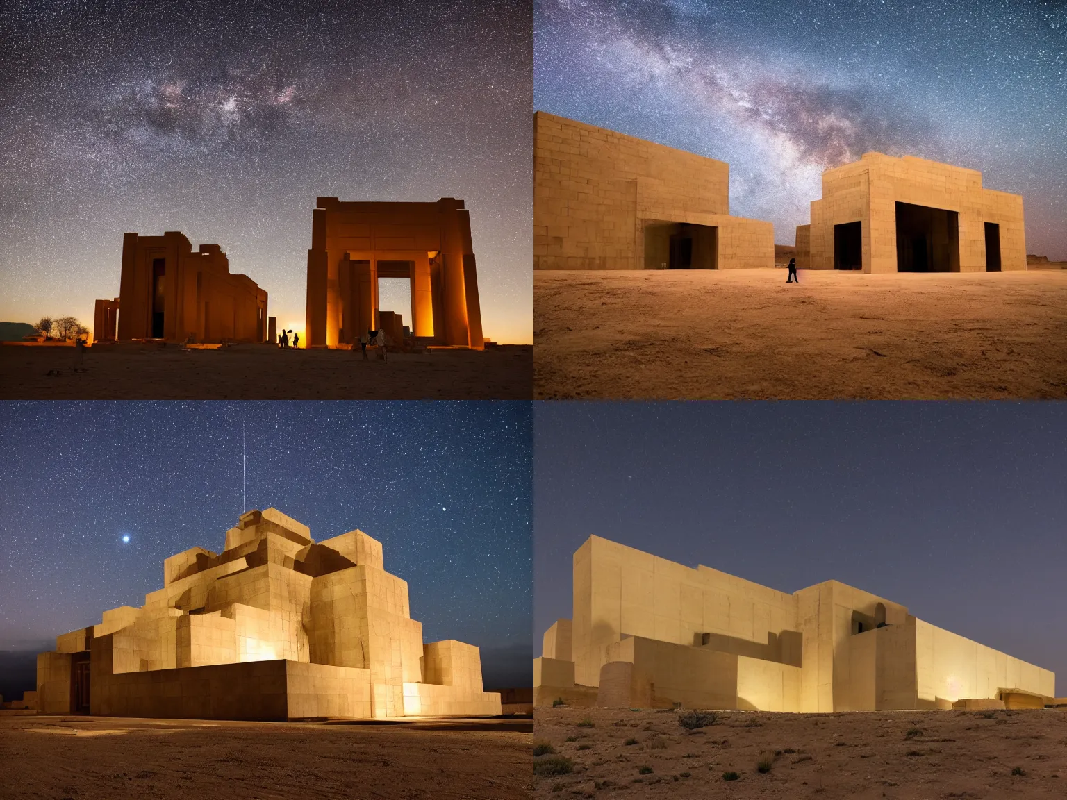 Prompt: Massive Louis Boullée Temple architecture in the middle of the desert under a starry sky. Few lights coming from the building. Small silhouette of people staring at the construction. ominous feeling