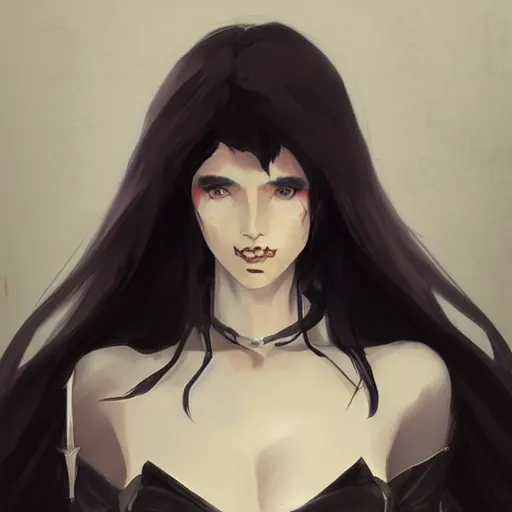 Image similar to female human vampire witch in the style of greg rutkowski, makoto shinkai, trending on artstation, character design, concept art, pretty face, highly detailed, long black hair, portrait, digital art