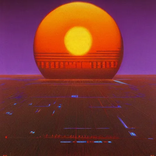 Prompt: painting of a syd mead scifi ancient civilzation brutalist architecture, purple sun, beksinski