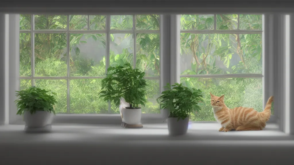Prompt: beautiful peaceful dreamy painting of a content tabby cat sitting by a window and looking outside, sunshine coming through the window, small plants on the window sill, 8k, hyper realism, trending on artstation, octane render