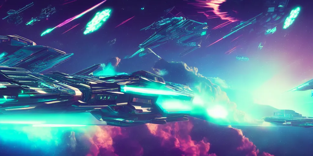 Image similar to synthwave spaceship battle in space, firing green lasers and destroying another ship, science fiction digital art, award winning, trending on artstation, digital art. highly detailed 8 k. intricate. lifelike.
