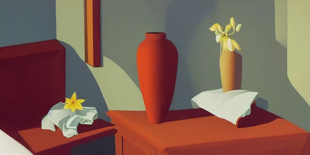 Image similar to the vase, in a cozy bedroom, summer evening, kenton nelson