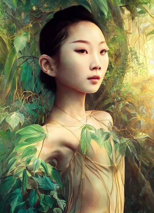 Image similar to stunningly beautiful, asian prima ballerina in jungle, symmetrical face, golden hour, smooth, focus, highly detailed, hyper realistic, dramatic lighting, elegant, intricate, concept art, art by wlop, mars ravelo, greg rutowski