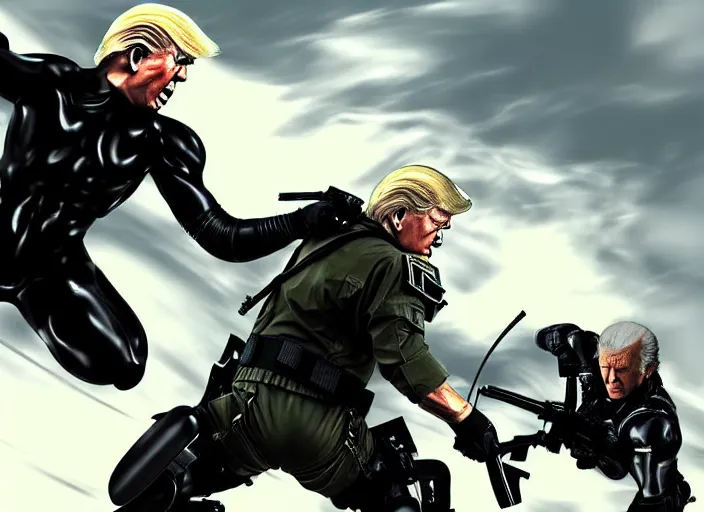 Image similar to donald trump and joe biden fighting in metal gear solid, digital art, trending on artstation, highly detailed, illustration, concept art, elegant, beautiful, masterpiece