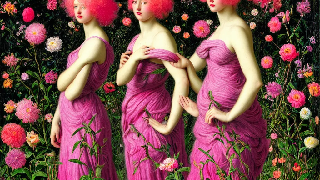 Image similar to photo-realistic portrait of two young women with neon pink hair, wearing a black dress by Vivienne Westwood, standing in a garden full of psychedelic flowers, intricate details, in the style of John William Godward, black background