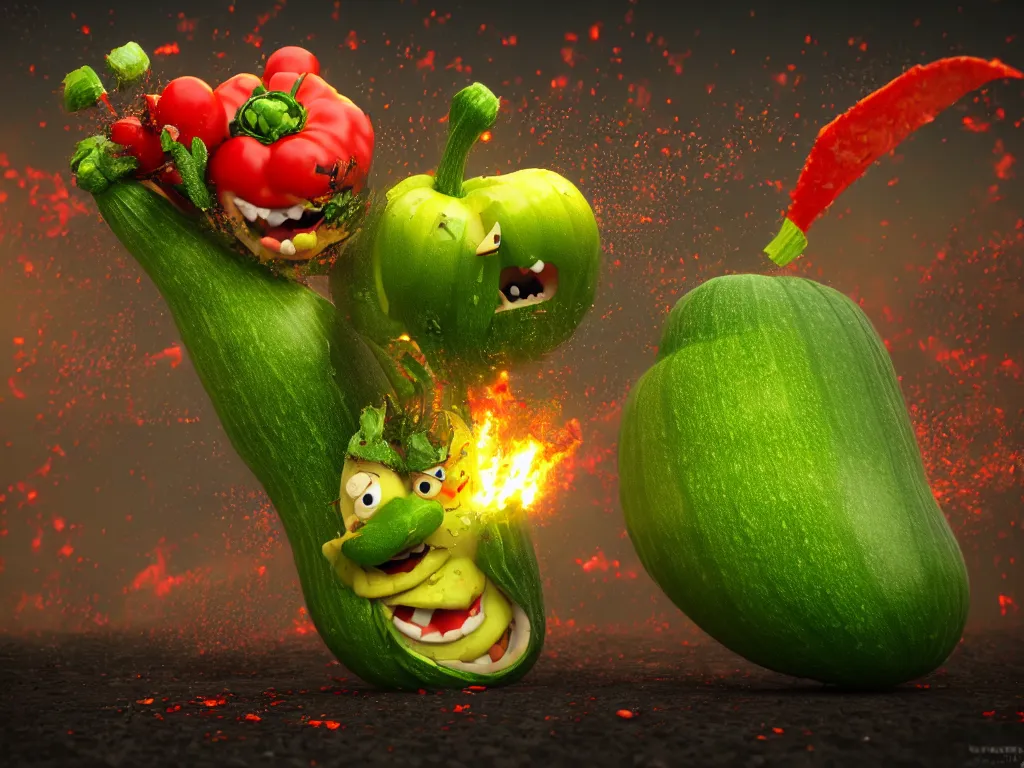 Prompt: highly detailed 3 d render of a raging mad angry zucchini character, burning scissors flying, dirt road, scared tomates scattered everywhere, high speed action, explosions, dramatic scene, hyper realistic octane render, cinematic lighting, tomato splatter, deviantart, black sky, lowbrow, surrealism, pixar influenced, mayhem