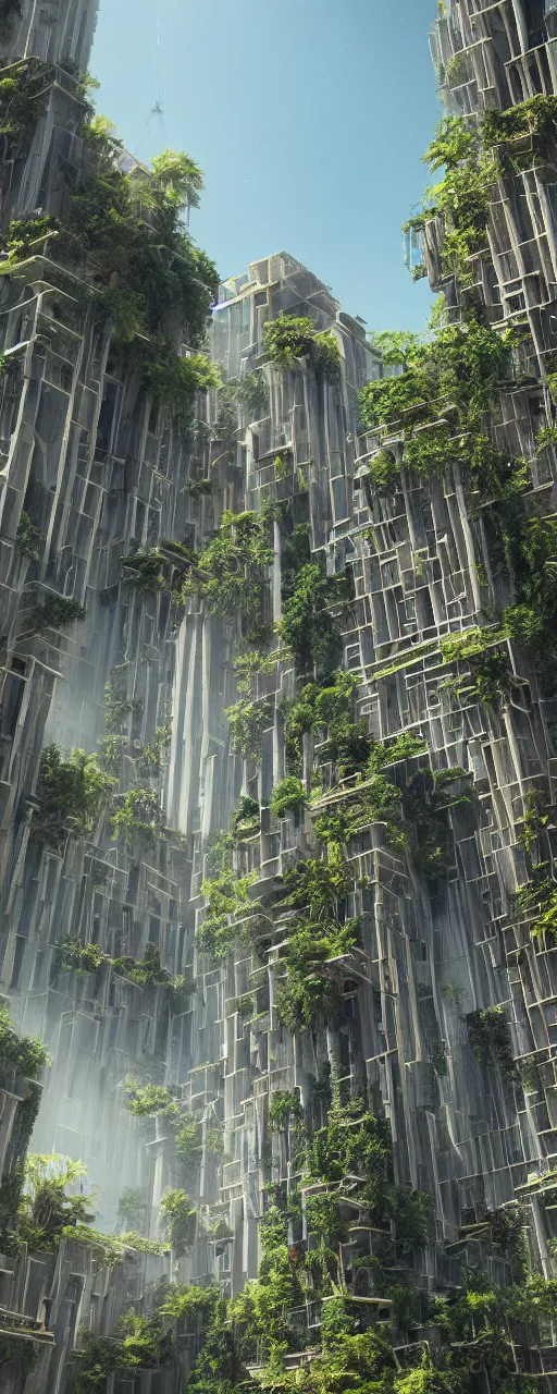 Image similar to solarpunk style, eye level view of a contemporary tower, golden intricate details, stone facade, sacred architecture, hanging gardens, cascading highrise, arid mountains with lush palm forest, photorealistic, sunlight, 8 k, post - production, octane, cgi, sfx