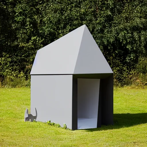 Image similar to a doghouse with the shape of a dog with grey and orange accents designed by antony gormley, advertising photography