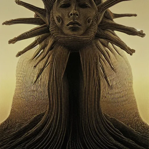 Image similar to The queen of the sun by Zdzislaw Beksinski, Jeffrey Smith and H.R. Giger, oil on canvas, 8k highly professionally detailed, trending on artstation