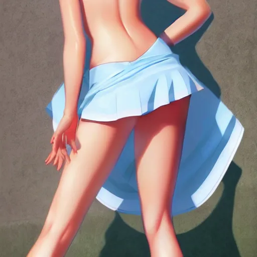 Image similar to full body shot : a very beautiful young blond tennis anime girl, sky blue eyes,, bikini, white miniskirt, highly detailed, cinematic wallpaper by stanley artgerm lau