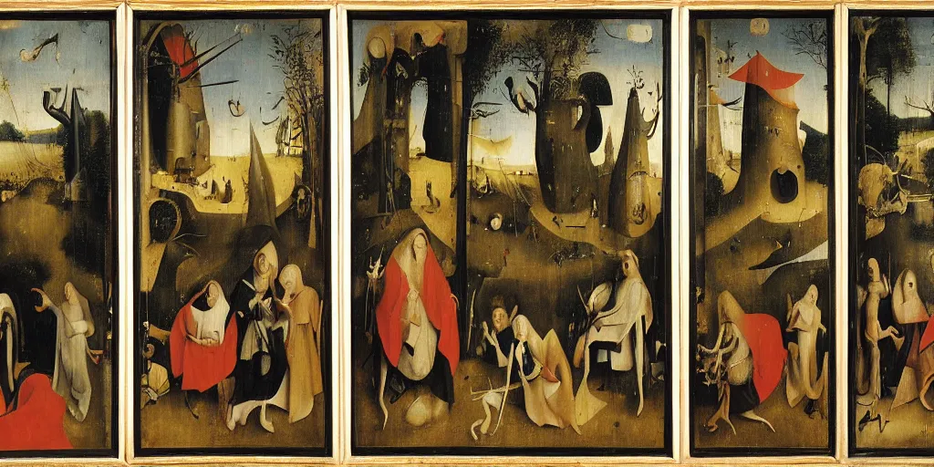 Image similar to The Philippines, oil on oakwood, triptych, by Hieronymous Bosch