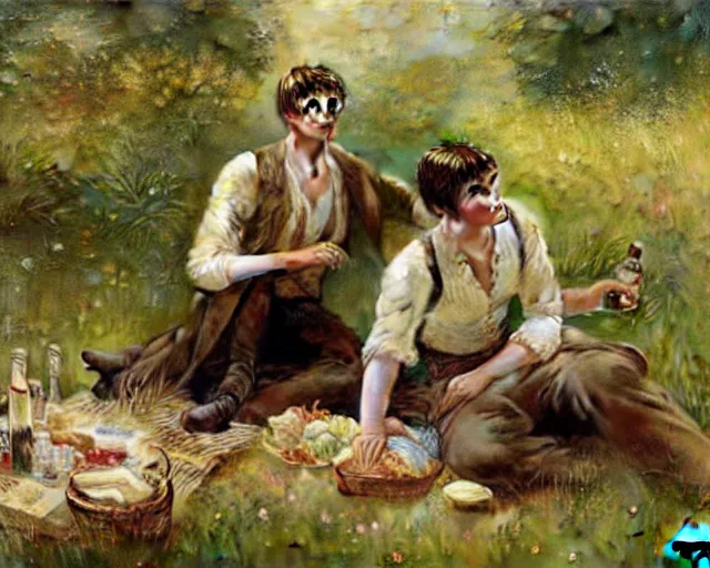Prompt: attractive bradley james and attractive colin morgan go together to a meadow to have a picnic. highly detailed painting by gaston bussiere, craig mullins, j. c. leyendecker 8 k