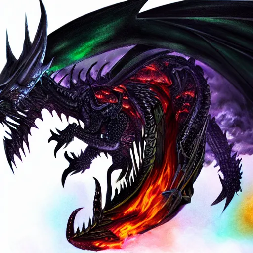 Prompt: The black dragon Alduin breathing a rainbow-colored fire. 4k. Concept art. High detail. Unreal engine. Style of Lovecraft.