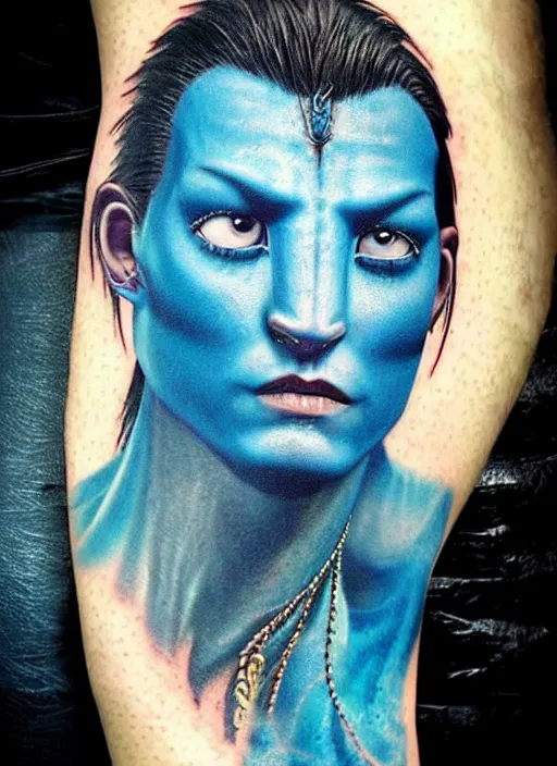 Image similar to johny Depp in the movie avatar as blue creature, tattoo's, warrior, movie poster