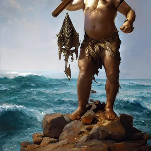 Image similar to by michael malm stormy. a sculpture of a mythological scene. large, bearded man seated on a throne, surrounded by sea creatures. he has a trident in one hand & a shield in the other. behind him is a large fish. in front of him are two smaller creatures.