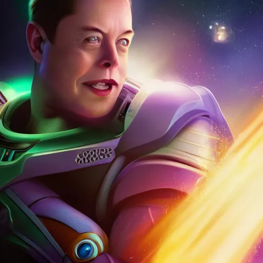 Image similar to portrait of elon musk as buzz lightyear, league of legends amazing splashscreen artwork, splash art, natural light, elegant, photorealistic facial features, intricate, fantasy, detailed face, atmospheric lighting, anamorphic lens flare, cinematic lighting, league of legends splash art, hd wallpaper, ultra high details by greg rutkowski