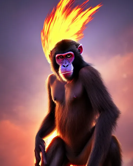 Prompt: fury art, an anthro ape monkey wearing a large cape and a fantasy armor, fire, fiery background, 3 d, 8 k, extremely detailed, trending on furaffinity, trending on artstation, award winning, sharp focus, illustration