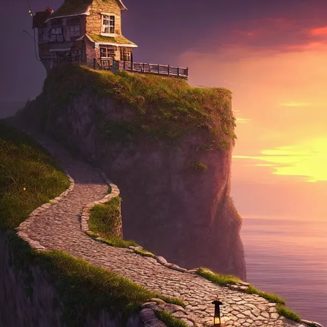 Image similar to epic professional digital art of a lonely cobblestone street with a kiosk on a cliff over the sea at sunset, best on artstation, cgsociety, wlop, Behance, pixiv, astonishing, impressive, outstanding, epic, cinematic, stunning, marketing design, gorgeous, much detail, much wow, masterpiece.