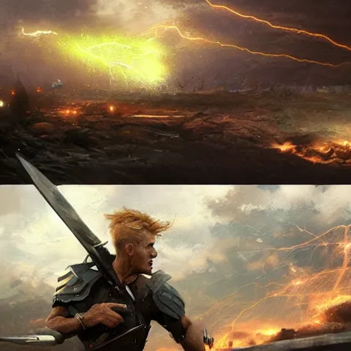 Image similar to a man with short blonde hair blasting lightning bolts from his fingertips at his enemy in battle. detailed matte painting. masterpiece. 4 k. fantasy art. by craig mullins. franzetta. repin