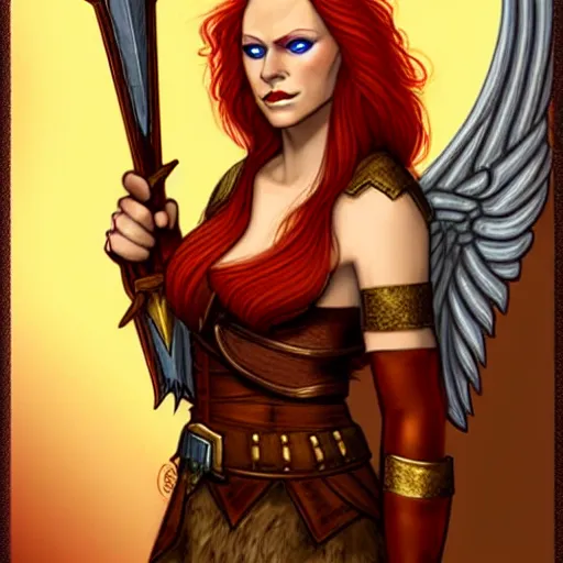 Image similar to A portrait of a beautiful redhead valkyrie as a D&D character, realistic, smooth skin, symmetrical, golden ration