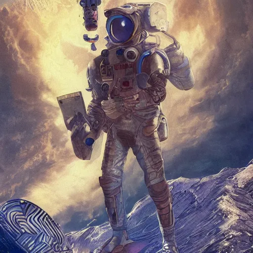 Prompt: wide angle full body of man in cosmos in space suit as unimaginably beautiful, gorgeous, elegant, young astronaut, anime, manga, kim jung gi, irakli nadar, bright colors, starts shining, intricate linework, white fur, unreal engine 5 highly rendered, global illumination, radiant light, detailed, golden hour, ai limbo