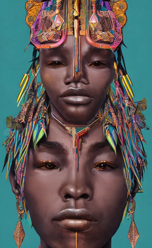 Image similar to upper half portrait of retro futuristic african tribal chief - embellished with vegetation and iridescent crystals, art by chsiao - ron cheng, highly detailed, digital painting, concept art, illustration, smooth sharp focus, intricate, symmetry, artstation, colourful,