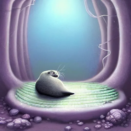 Image similar to beautiful digital fantasy illustration of a Prince in pastel!!!, whimsical acrylic modern pop surrealism, Even Giger-y dark overlords living in the ruins of an ancient system of tunnels and caves like to be comfy every once in a while!, A seal sleeping peacefully in a kelp forest, highly detailed, soft lighting, rendered in octane, masterpiece, very very very aesthetic