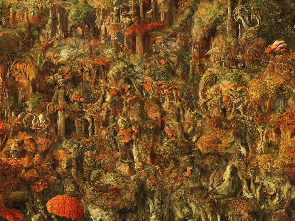 Image similar to autumn cannibalism in ancient city art by ernst haeckel, fractal, hypermaximalism unreal render engine 8 k