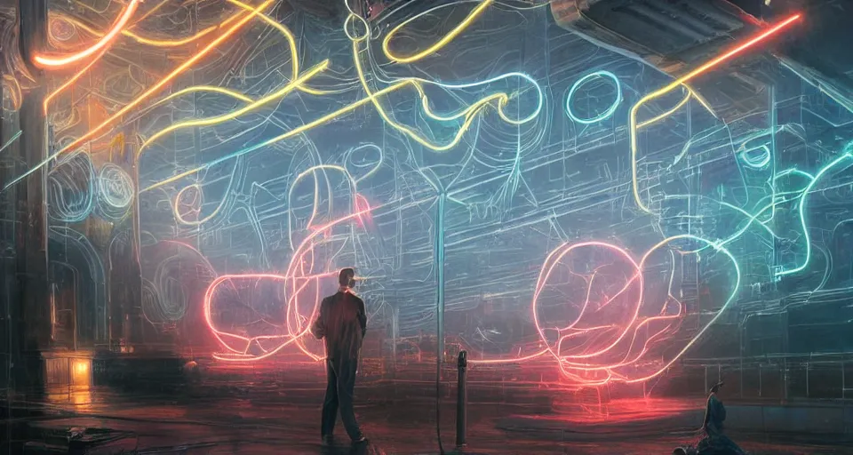 Prompt: electrical arcs from the body of nikolai tesla as he is surrounded by faint bolts of electricity, digital art, intricate, dramatic lighting, neon colors, cinematic, holographic runes, art by artgerm, greg rutkowski, norman rockwell