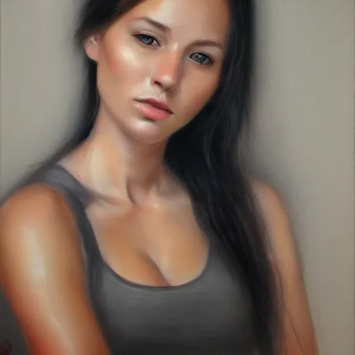 Prompt: realistic portrait beautiful painting leaning to the right, a woman about 2 0 - 2 5 years old, with average body proportions. photorealistic, good lighting, trendy, trending on artstation, smooth draw, sharp focus, trending on deviantart.