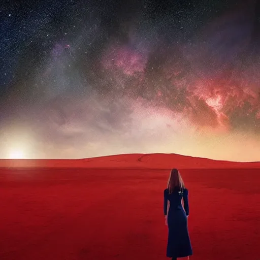 Prompt: a retro-futuristic scene with a woman look up at the starry sky from a barren red landscape, surreal art