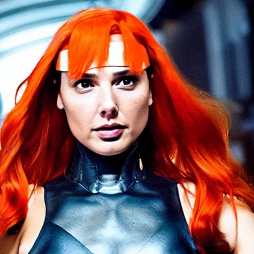 Prompt: Gal Gadot starring in the Fifth Element as Leeloo, orange hair, cinematic full shot, Leeloo outfit designed by Jean Paul Gaultier