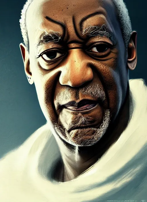 Image similar to Half-body portrait of a beautiful bill cosby with blonde hair and luminous aura. In style of Hyung-tae Kim and Greg Rutkowski, concept art, trending on ArtStation, Korean MMORPG, over-detailed art, 8K, epic, dynamic lightning, dramatic pose.