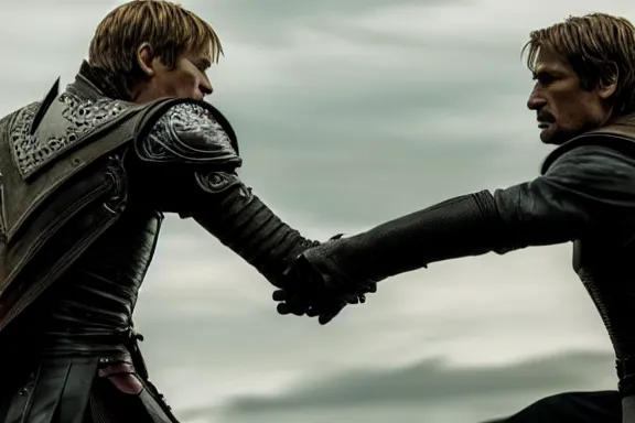 Image similar to very very intricate photorealistic photo of jaime lannister fighting cersei, photo is in focus with detailed atmospheric lighting, award - winning details