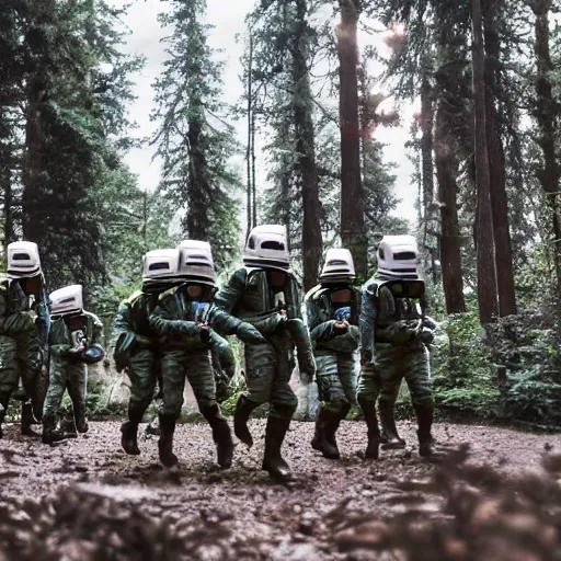 Prompt: a squad of space scouts wearing camo uniforms with white armor and helmets exploring a forest planet