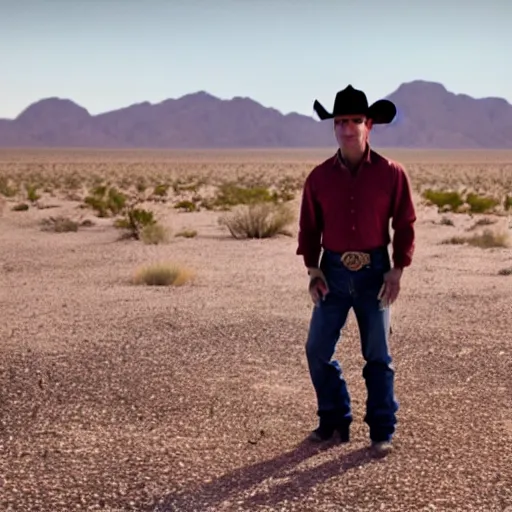 Prompt: cinematic shot of jeffery epstein wearing cowboy clothes and standing in the mojave desert, very detailed, very intricate, dslr,