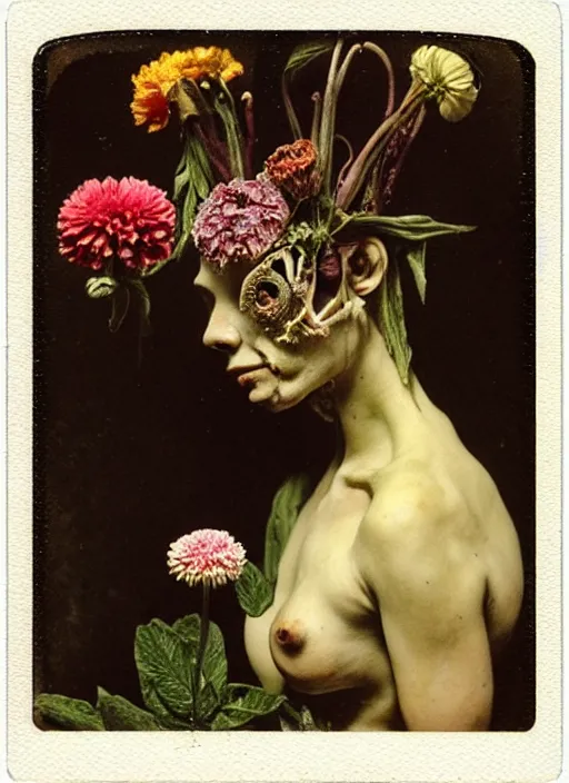 Image similar to beautiful and detailed rotten woman made of plants and many types of flowers like carnation, chrysanthemum and tulips, anatomical, 🫀, intricate, organs, ornate, surreal, john constable, guy denning, gustave courbet, caravaggio, romero ressendi 1 9 1 0 polaroid photo