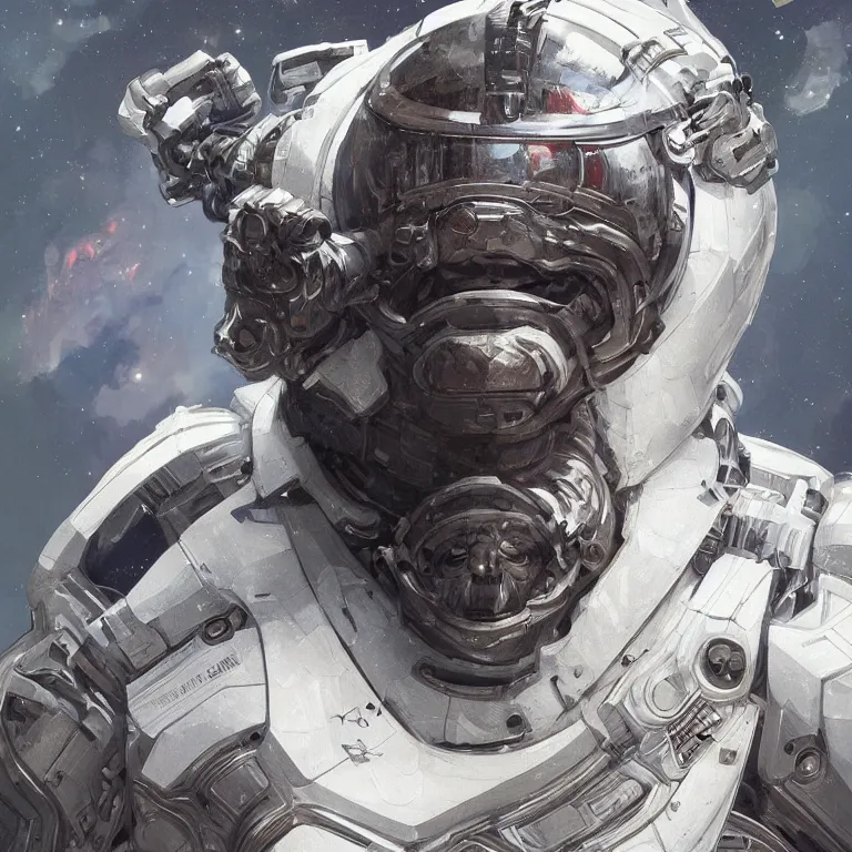 Prompt: detailed science-fiction character portrait of a silverback gorilla wearing a white armored space suit, intricate, wild, highly detailed, digital painting, artstation, concept art, smooth, sharp focus, illustration, art by artgerm and greg rutkowski and alphonse mucha