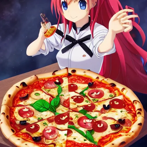 Image similar to pizza with anime toppings, anime fantasy illustration by tomoyuki yamasaki, kyoto studio, madhouse, ufotable, square enix, cinematic lighting, trending on artstation