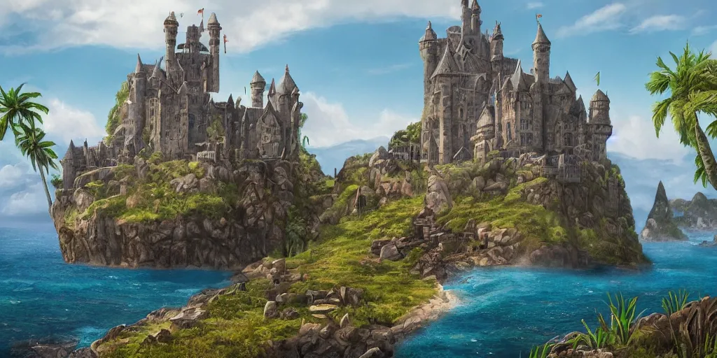 Image similar to matte painting a stunning landscape of a castle on a lost island on a sunny day by brian k. vaughan