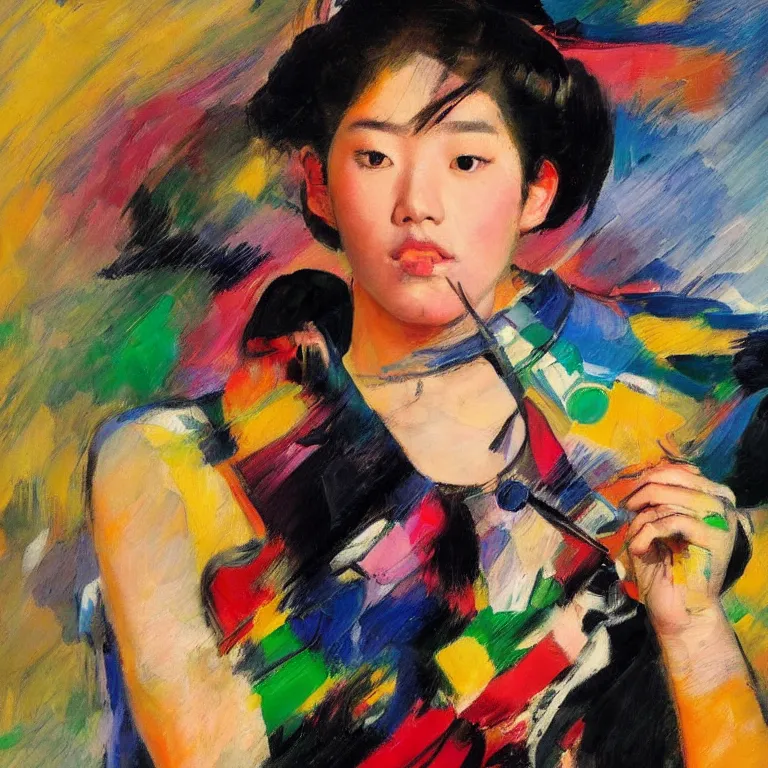 Prompt: close up studio portrait of Young Korean television actress as a punk rock drummer in 1979, impasto heavy brushstrokes oil painting by Mary Cassatt and Franz Marc and Norman Rockwell, Intense colors trending on artstation dramatic lighting Expressionism