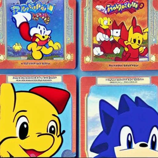 Image similar to photograph of winnie the pooh and super mario and sonic the hedgehog anime style, on pokemon card packs at target