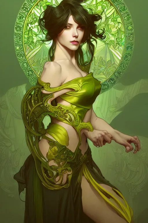 Prompt: greenyellowwhite, dark fantasy, intricate, elegant, highly detailed, digital painting, artstation, concept art, matte, sharp focus, illustration, art by artgerm and alphonse mucha