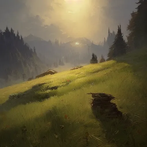 Image similar to summer meadow, hills, landscape, concept art, style of Greg Rutkowski