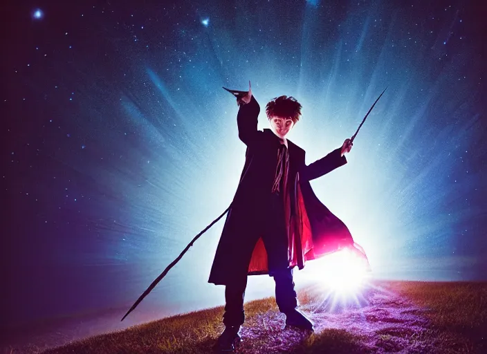 Image similar to a young adult wizard with very detailed face, hair clothes and shoes points their wand fiercely from which a blast of bright magic flies from the end of the wand, on an empty moonlit hill, dramatic lighting, lens flare, 3 5 mm full frame professional photography, kodachrome