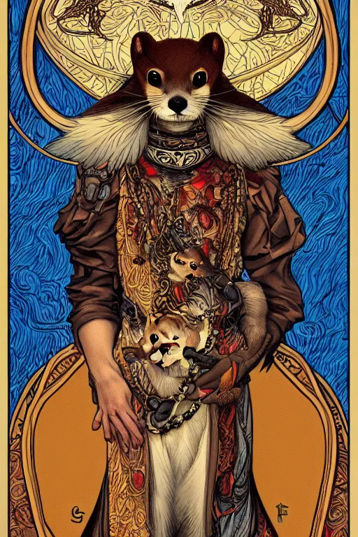 Prompt: Tarot card illustration of The Stoat, illustration by Ayami Kojima, furry art, art nouveau style, 4k