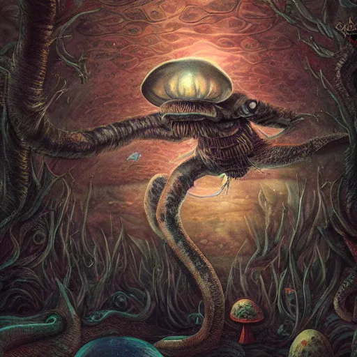 Image similar to sleep paralysis while on mushrooms, mushroomcore, naturecore, high quality art, digital art, extreme detail, masterpiece